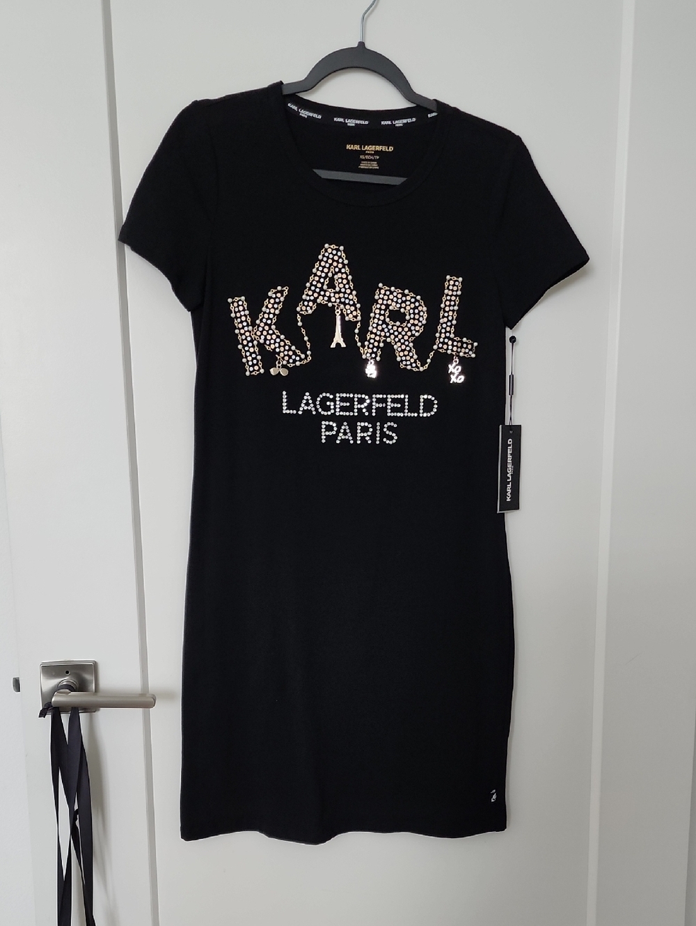 NEW! Karl Lagerfeld Black Short Sleeve Logo  T-Shirt Dress with Bling